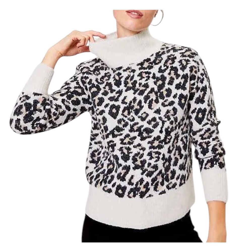 Loft Leopard Print Turtleneck Wool Blend Sweater Fuzzy Preppy XL Chunky